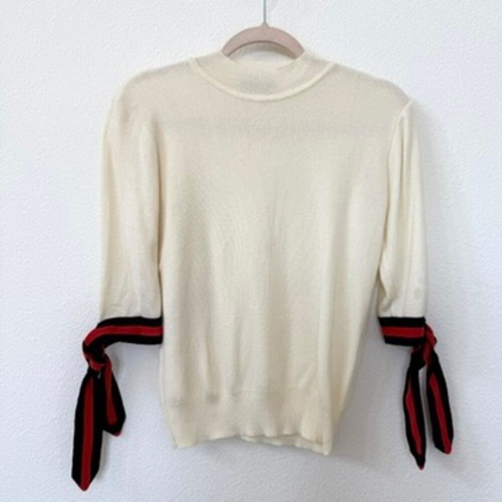 Pixie Market Cream Knit Sweater with Ribbon Tie Sleeves Size M Preppy Old Money